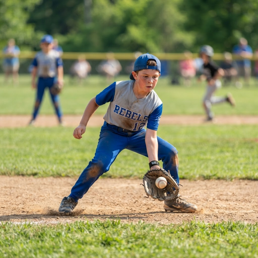 Youth baseball player fielding a ground ball