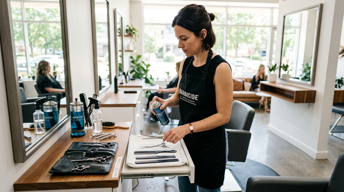 A stylist sanitizing salon scissors and combs