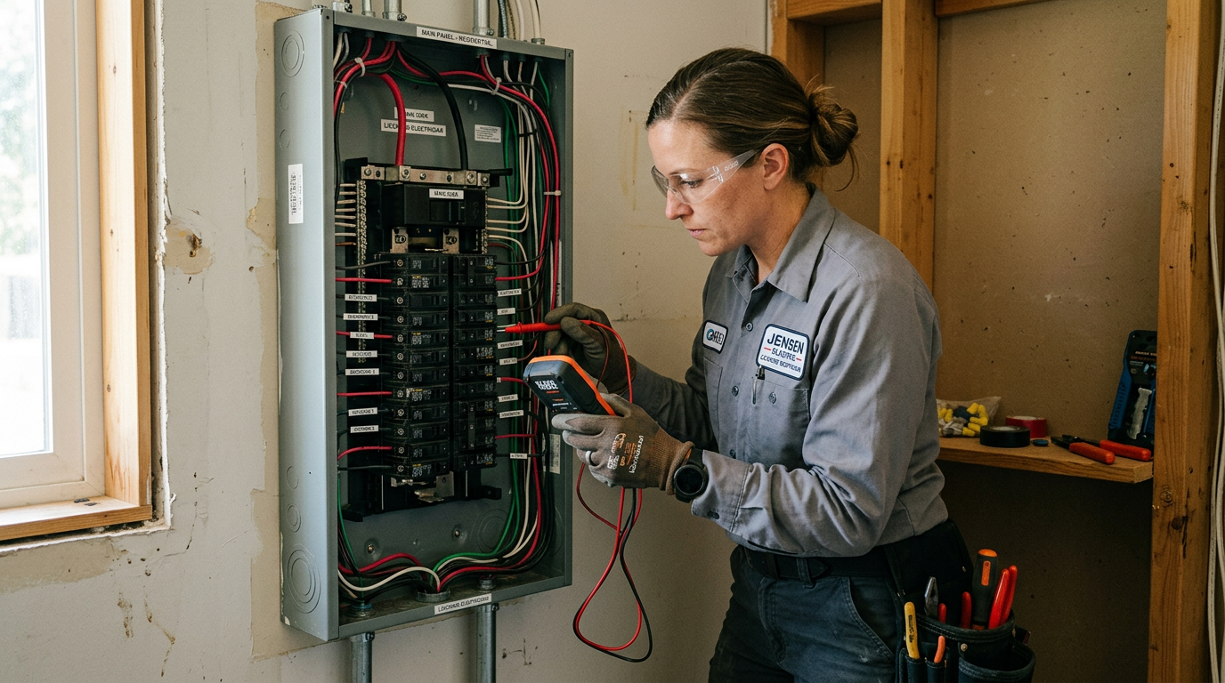 An electrician testing wires in a residential electrical panel