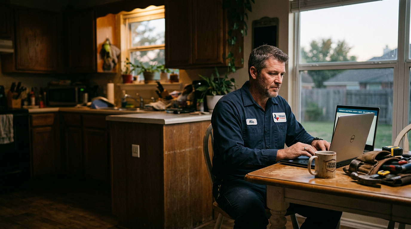 A Texas tradesman completing his continuing education course on a laptop at his kitchen table