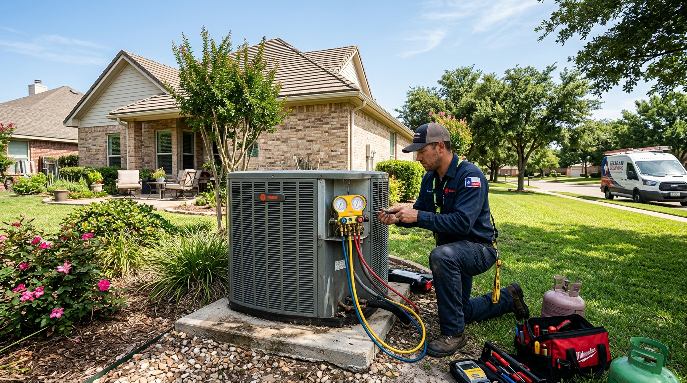 An HVAC technician servicing an outdoor air conditioning unit