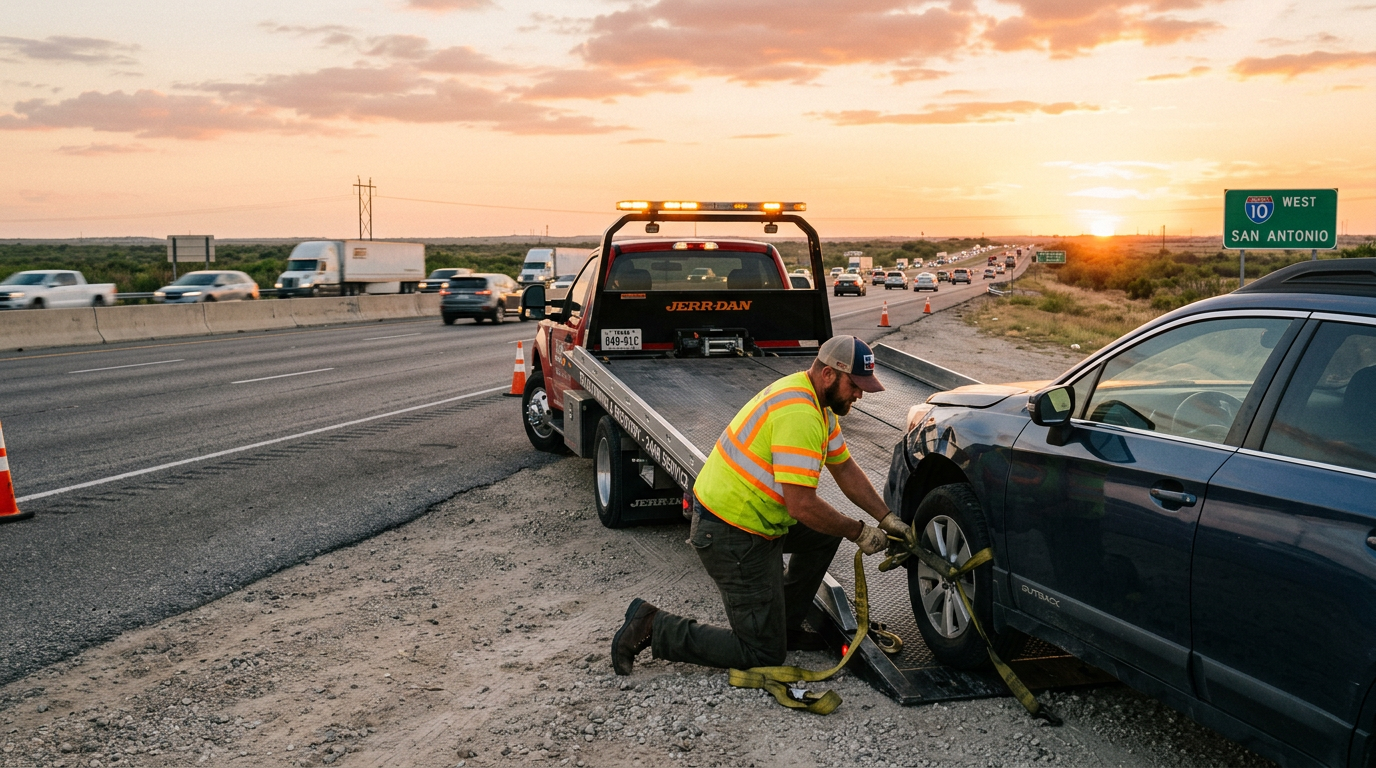A tow truck operator securing a car onto a flatbed